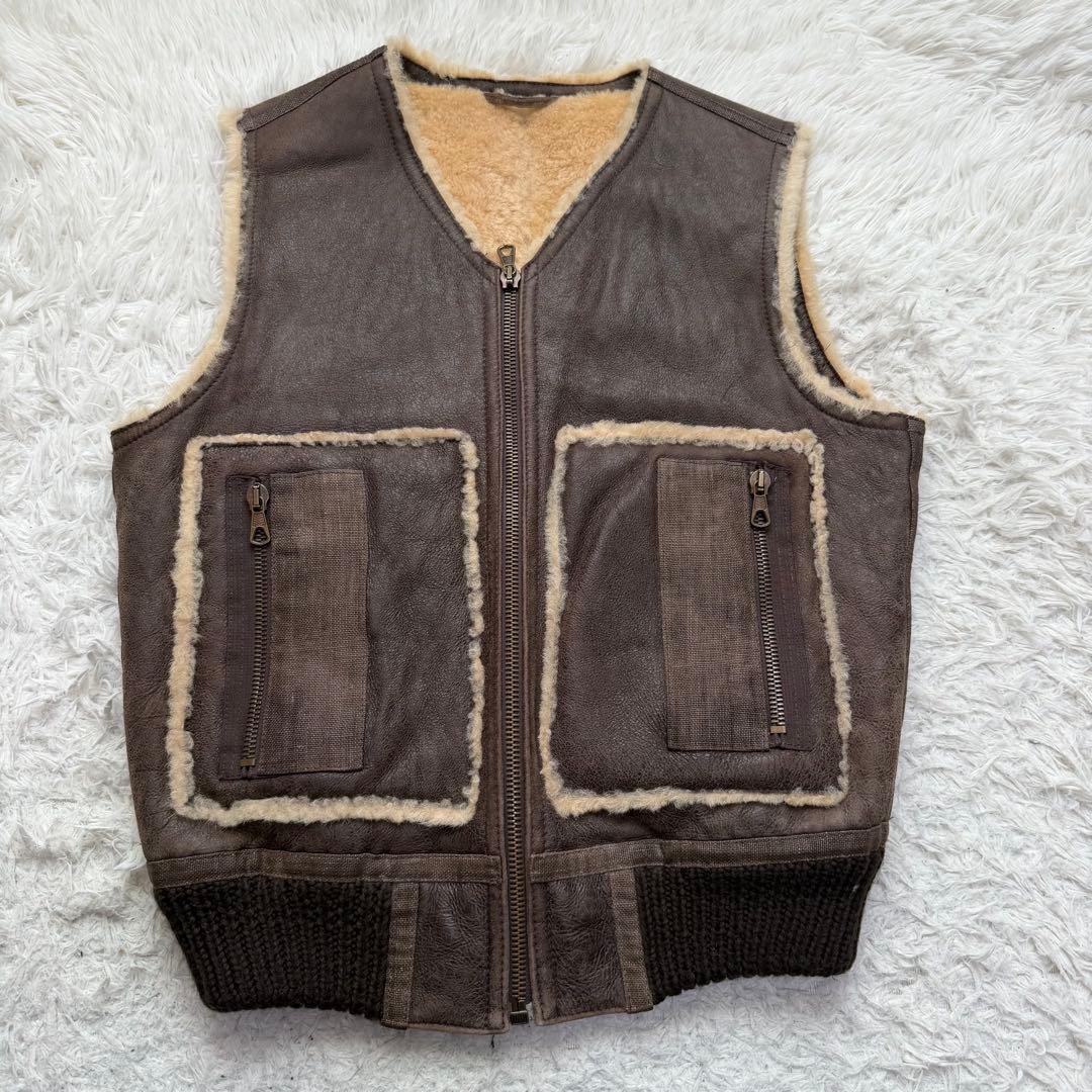 希少美品Lサイズ　リアルムートンベスト　ボア　バックロゴ　イタリア製　切り替え