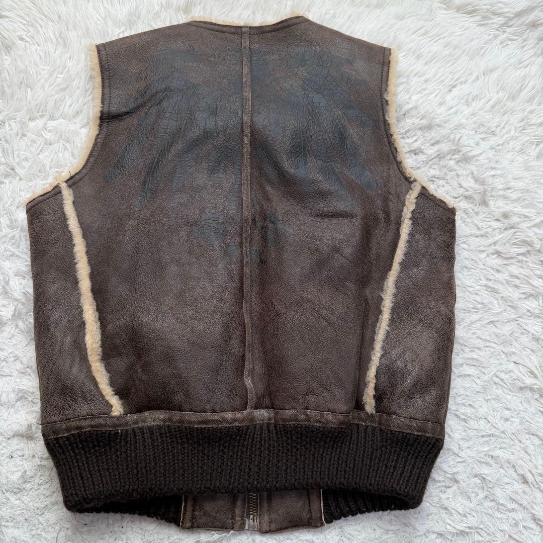 希少美品Lサイズ　リアルムートンベスト　ボア　バックロゴ　イタリア製　切り替え