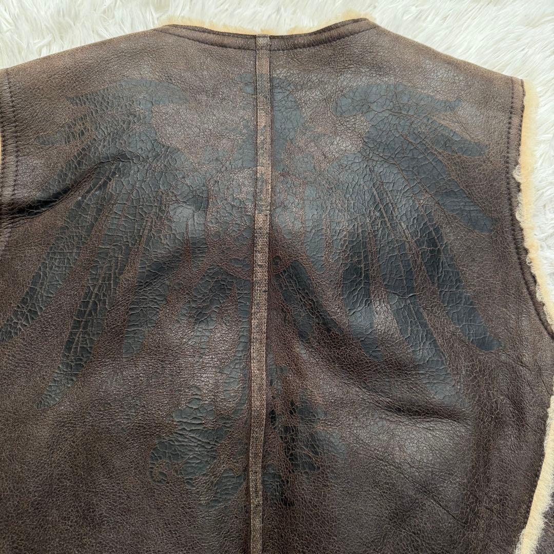 希少美品Lサイズ　リアルムートンベスト　ボア　バックロゴ　イタリア製　切り替え