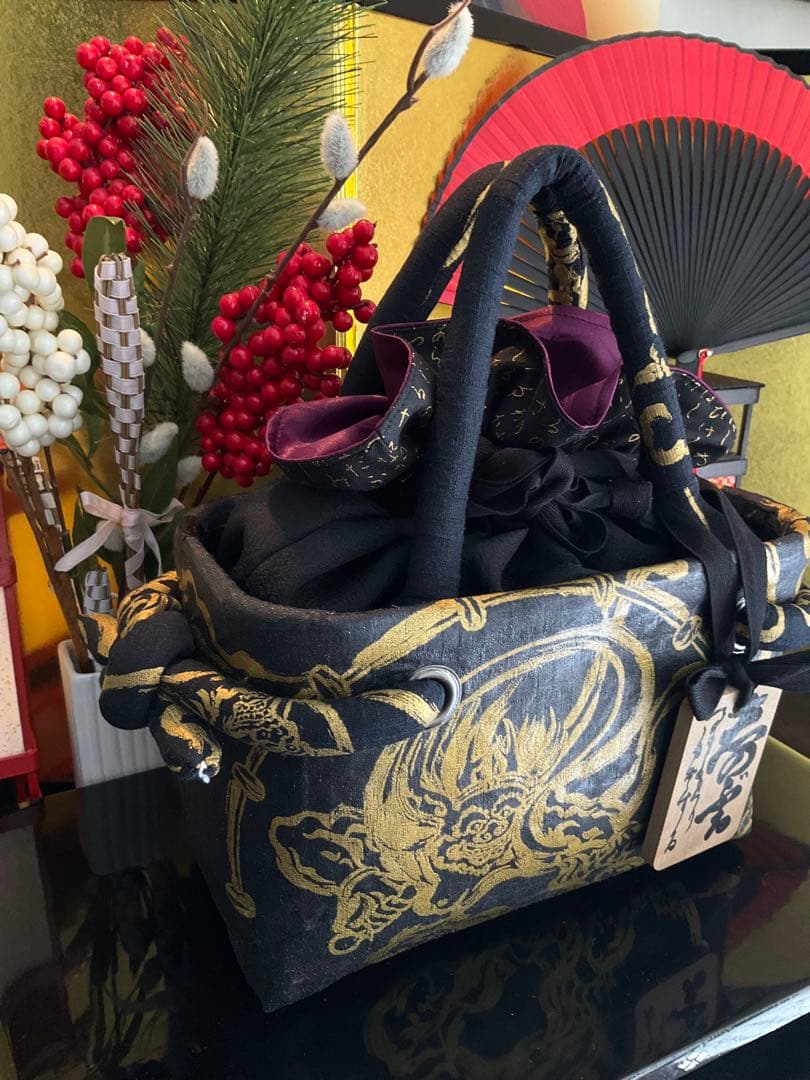 一閑張り　一閑張りバッグ　風神雷神　古文書　和紙　竹籠　籠バッグ　着物　金　黒