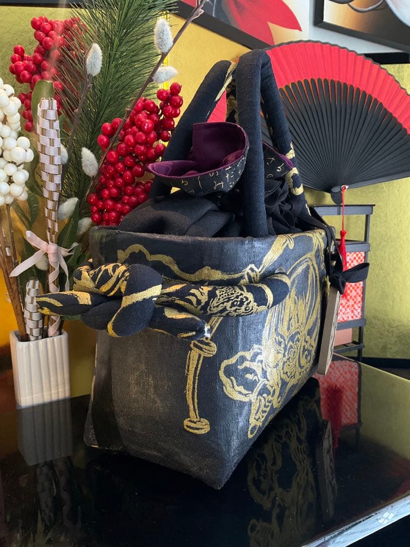 一閑張り　一閑張りバッグ　風神雷神　古文書　和紙　竹籠　籠バッグ　着物　金　黒