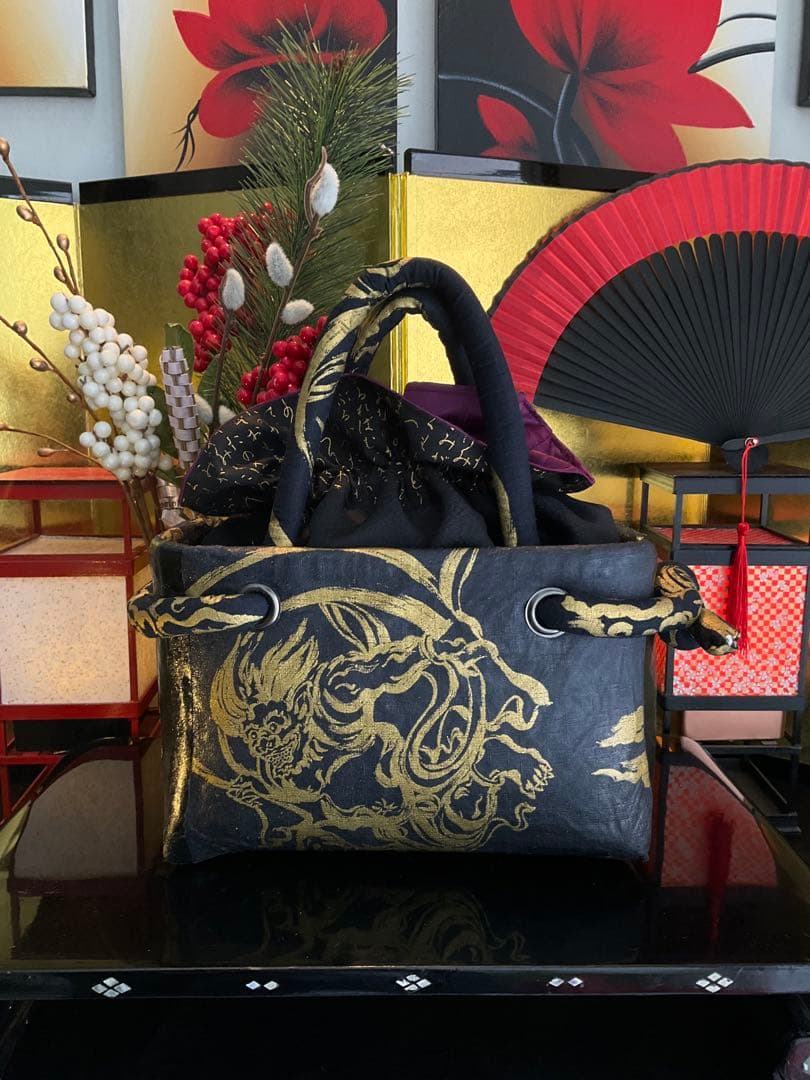 一閑張り　一閑張りバッグ　風神雷神　古文書　和紙　竹籠　籠バッグ　着物　金　黒