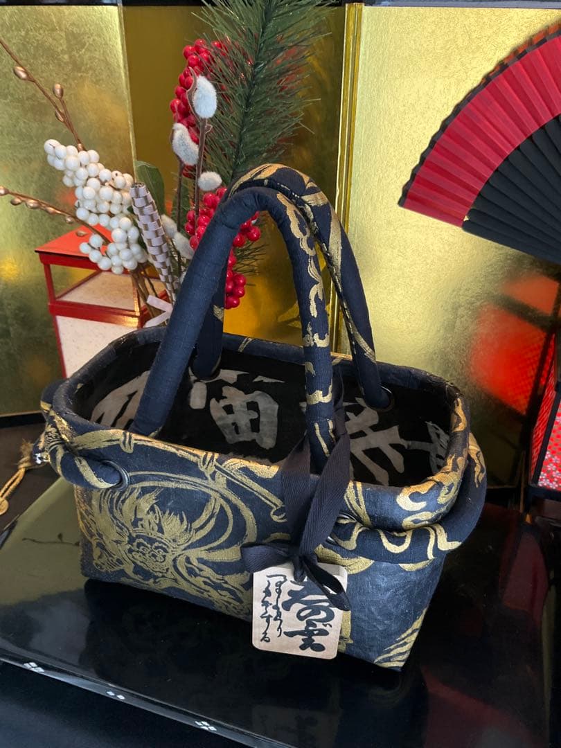 一閑張り　一閑張りバッグ　風神雷神　古文書　和紙　竹籠　籠バッグ　着物　金　黒