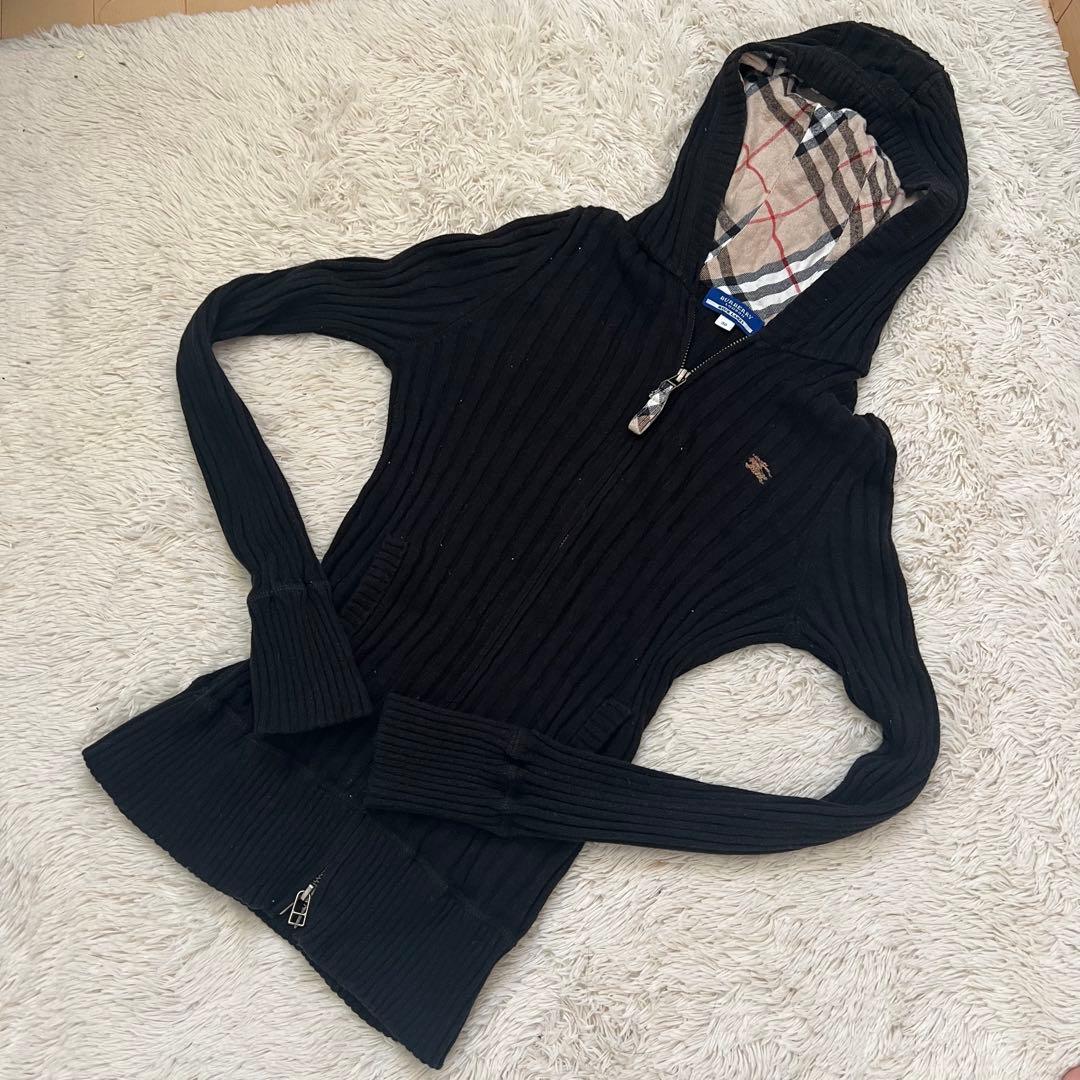 バーバリー ノバチェック リブニットパーカー ダブルジップ ブラック S