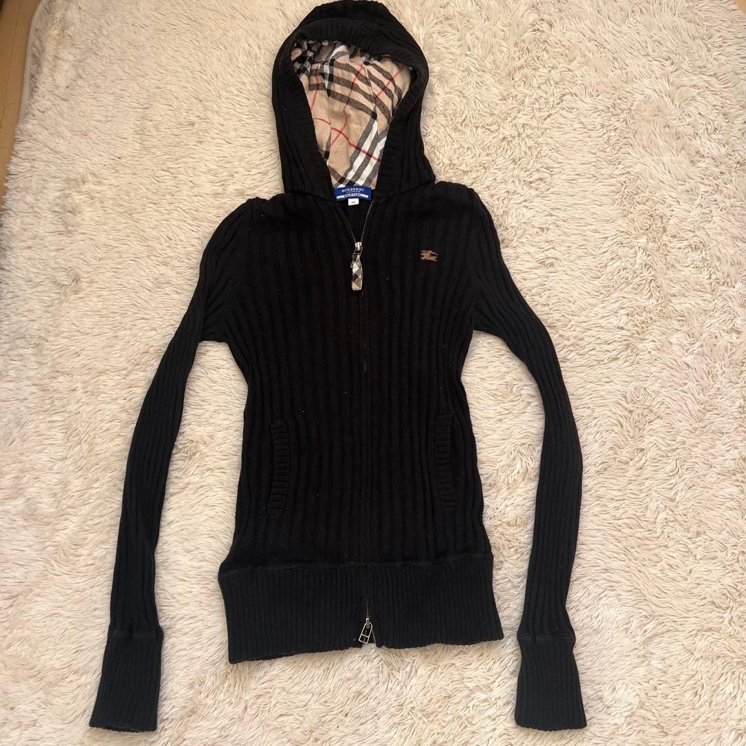 バーバリー ノバチェック リブニットパーカー ダブルジップ ブラック S
