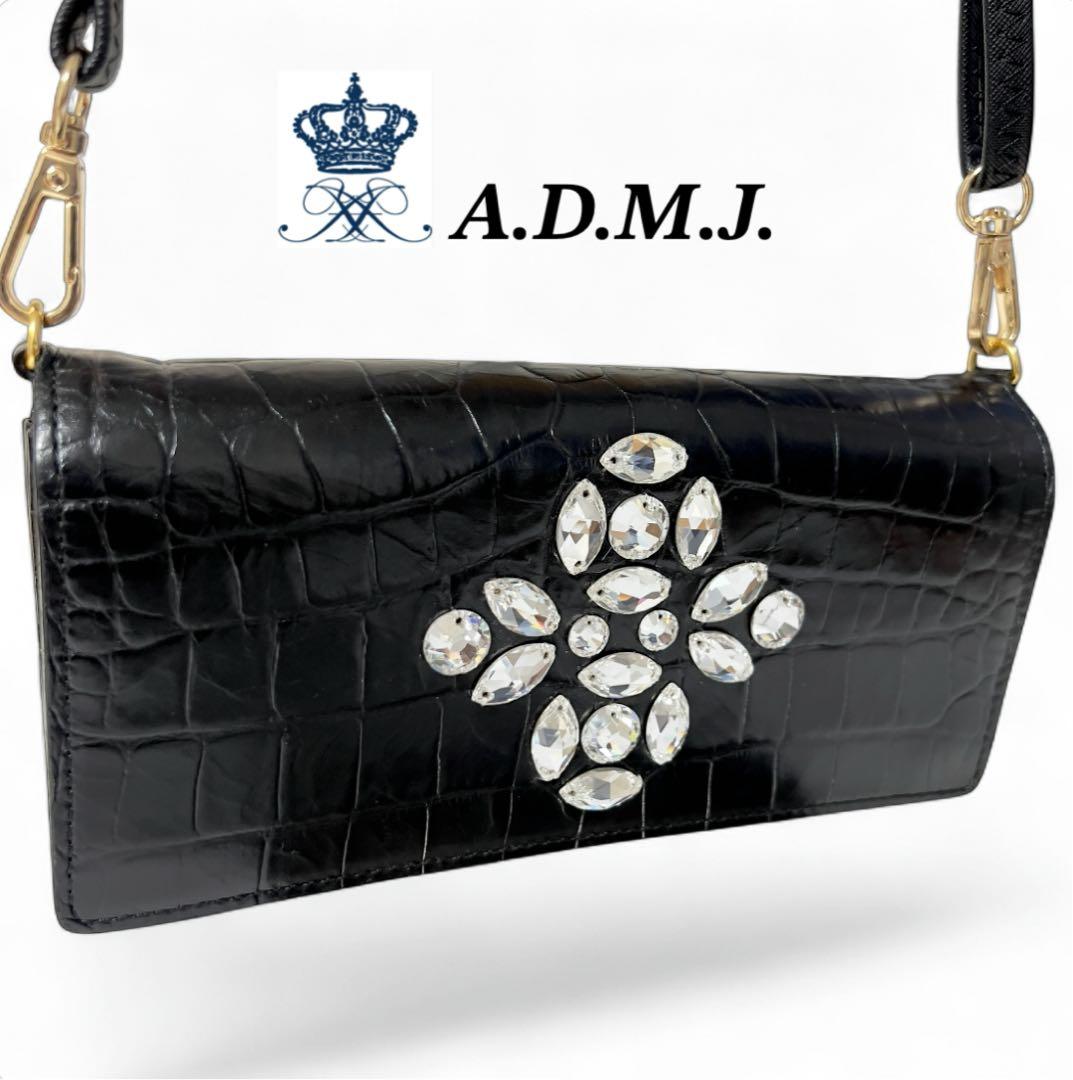 ADMJ ウォレットバッグ 長財布 2way スワロフスキー ビジュー ブラック