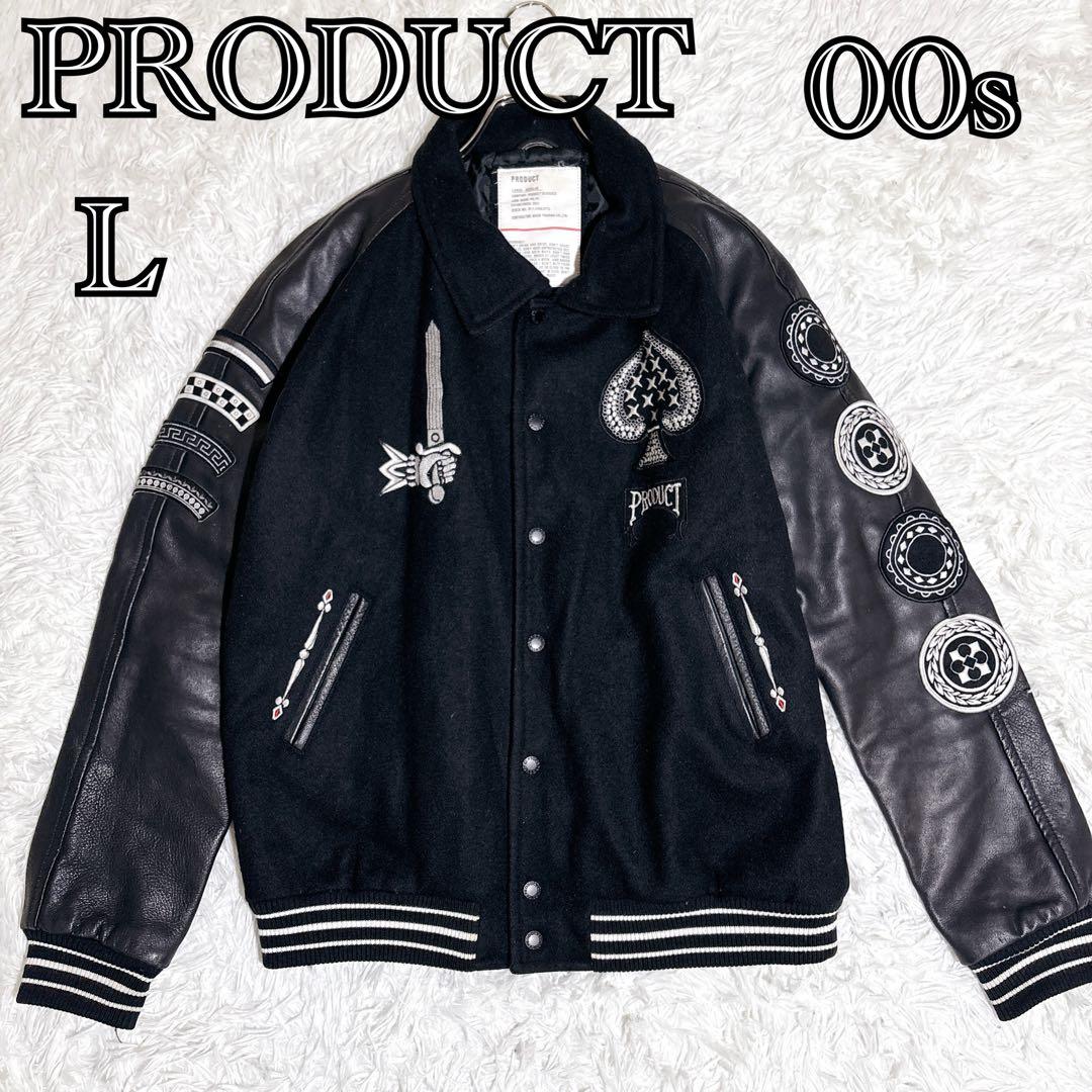 希少 00s PRODUCT 袖レザー スタジャン 刺繍 L ブラック レア