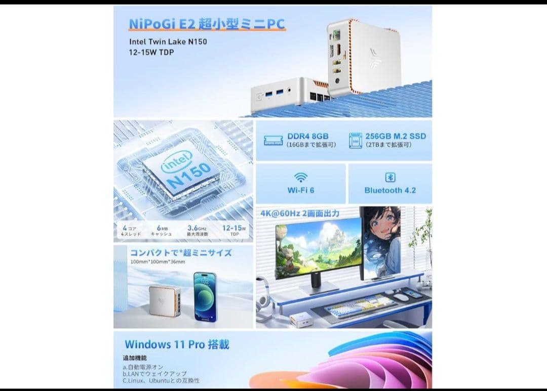 Windows11 Pro4C4T 最大3.60GHz WiFi6 ミニパソコン