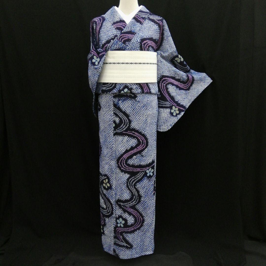 有松鳴海絞り浴衣　(流水に花紋様　未使用しつけ糸付　藍色)