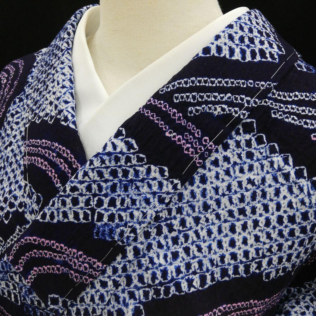 有松鳴海絞り浴衣　(流水に花紋様　未使用しつけ糸付　藍色)