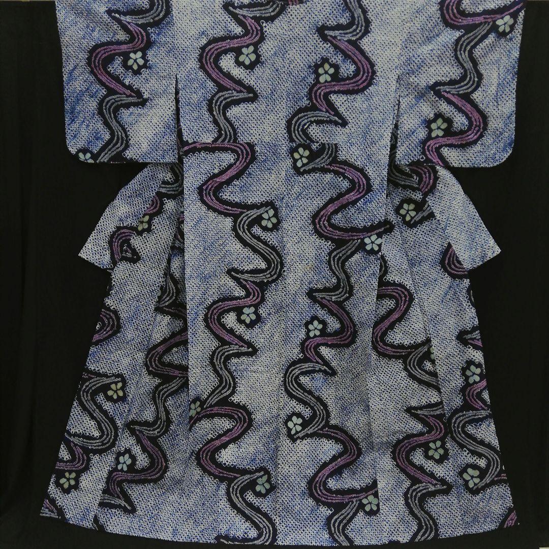 有松鳴海絞り浴衣　(流水に花紋様　未使用しつけ糸付　藍色)