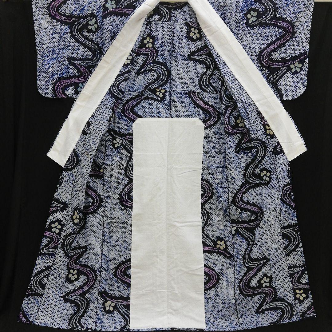 有松鳴海絞り浴衣　(流水に花紋様　未使用しつけ糸付　藍色)