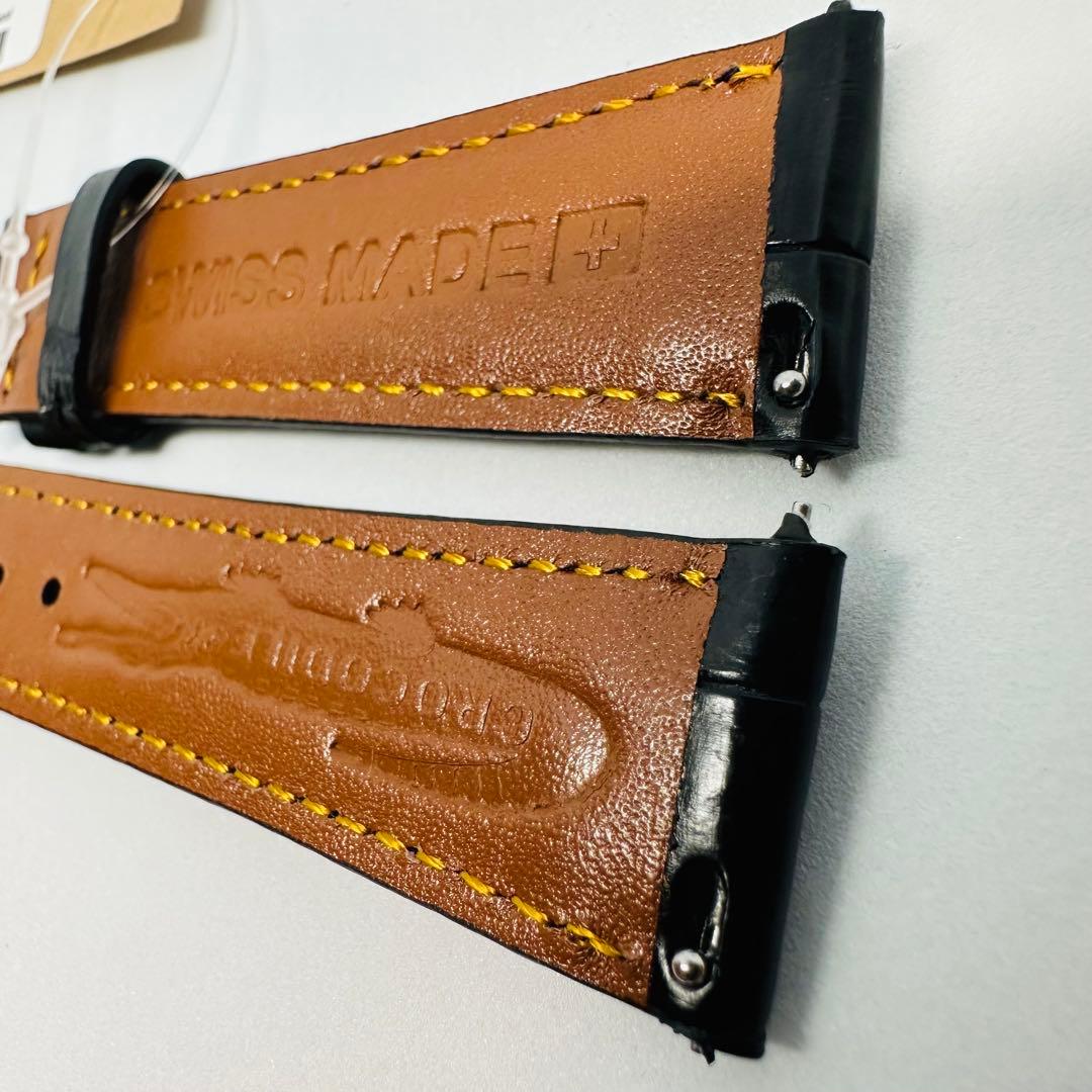 7008#21mm-18mmブラック★本物クロコダイルレザーベルト★スイス製