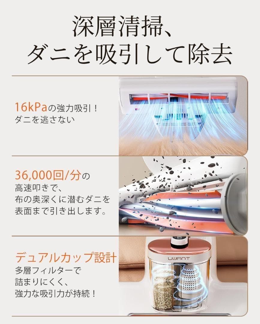 布団クリーナー 16Kpaの強力な吸引力 毎分たたき36,000回超高速拍打