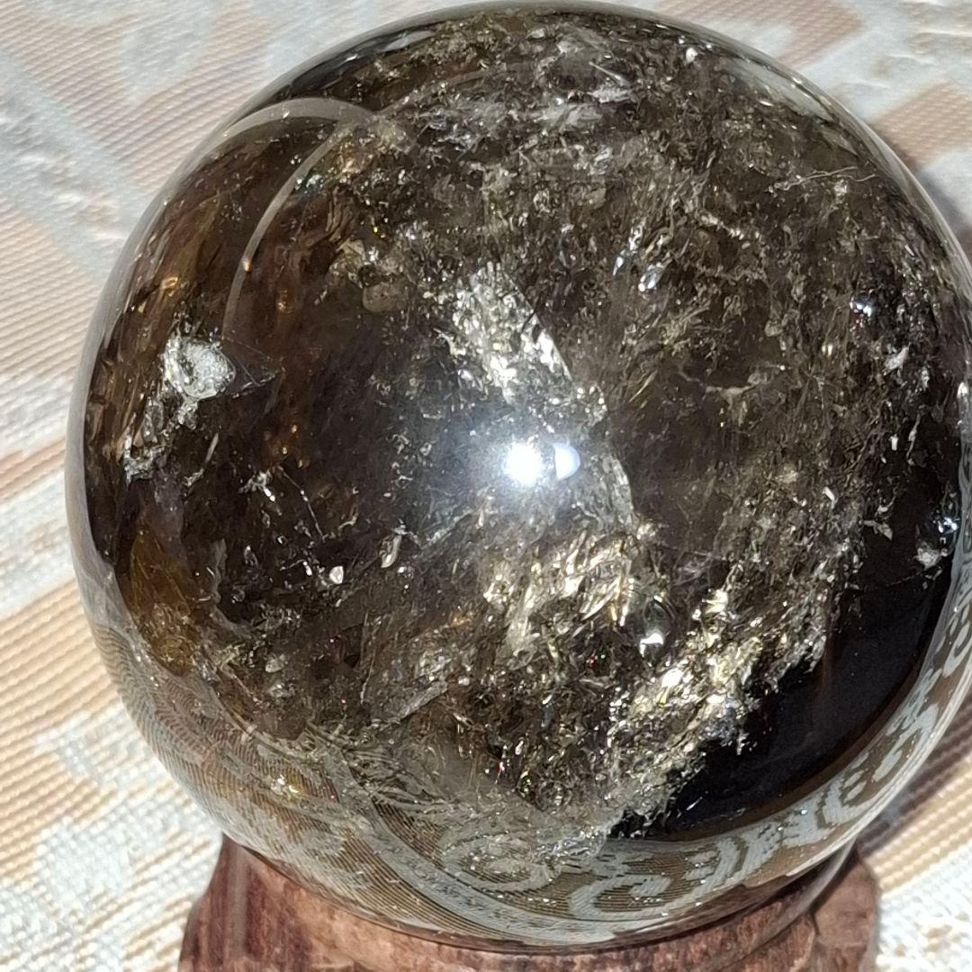 天然石✨️スモーキークォーツ　スフィア✨️爆虹キラキラ　台座付き