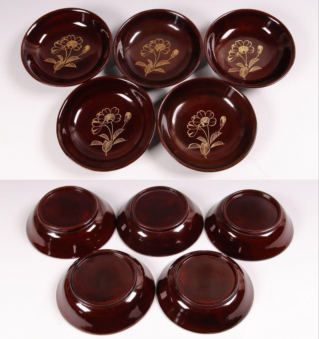 CH27 輪島塗 沈金花文 溜塗 銘々木皿 25客 小皿 豆皿 木箱 木製漆器