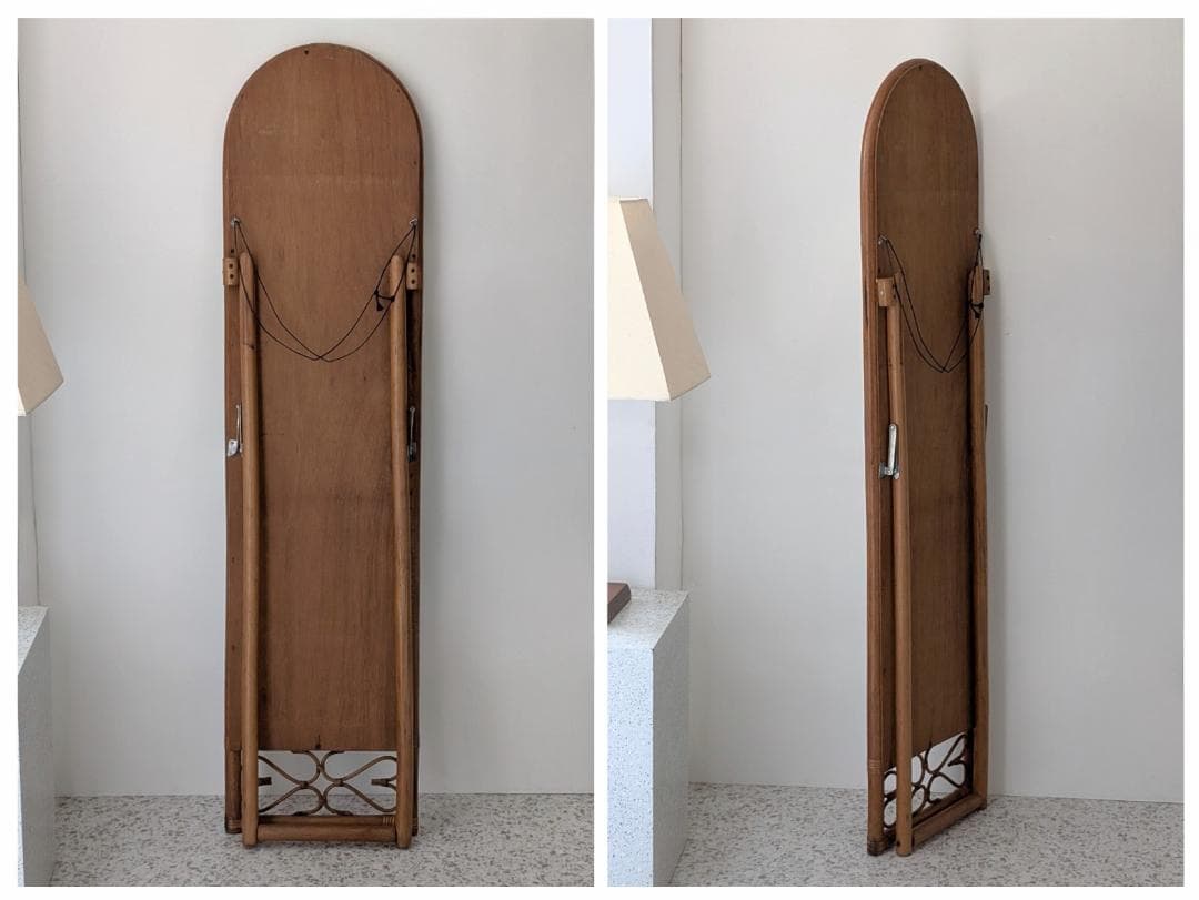 ラタン スタンドミラー 80s ビンテージ 壁掛け 2way 籐の姿見 レトロ
