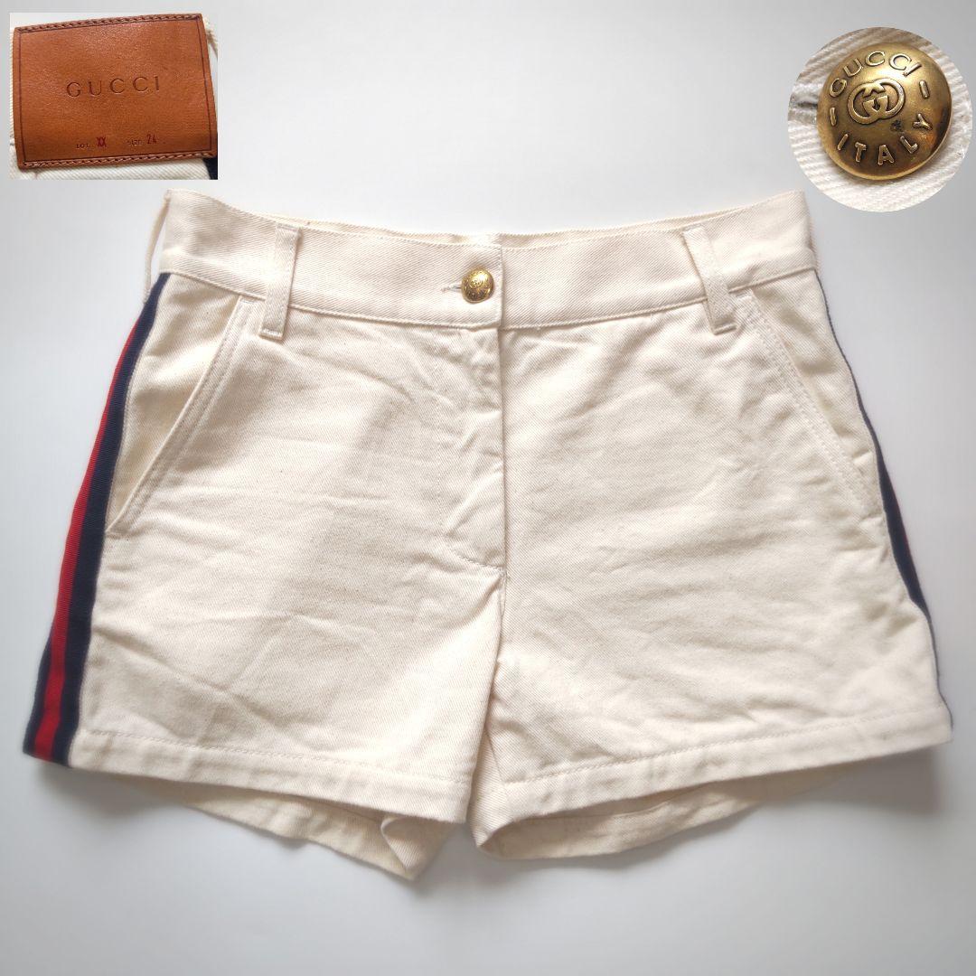 美品 グッチ ホワイトデニム ショートパンツ シェリーライン レザーパッチ 24
