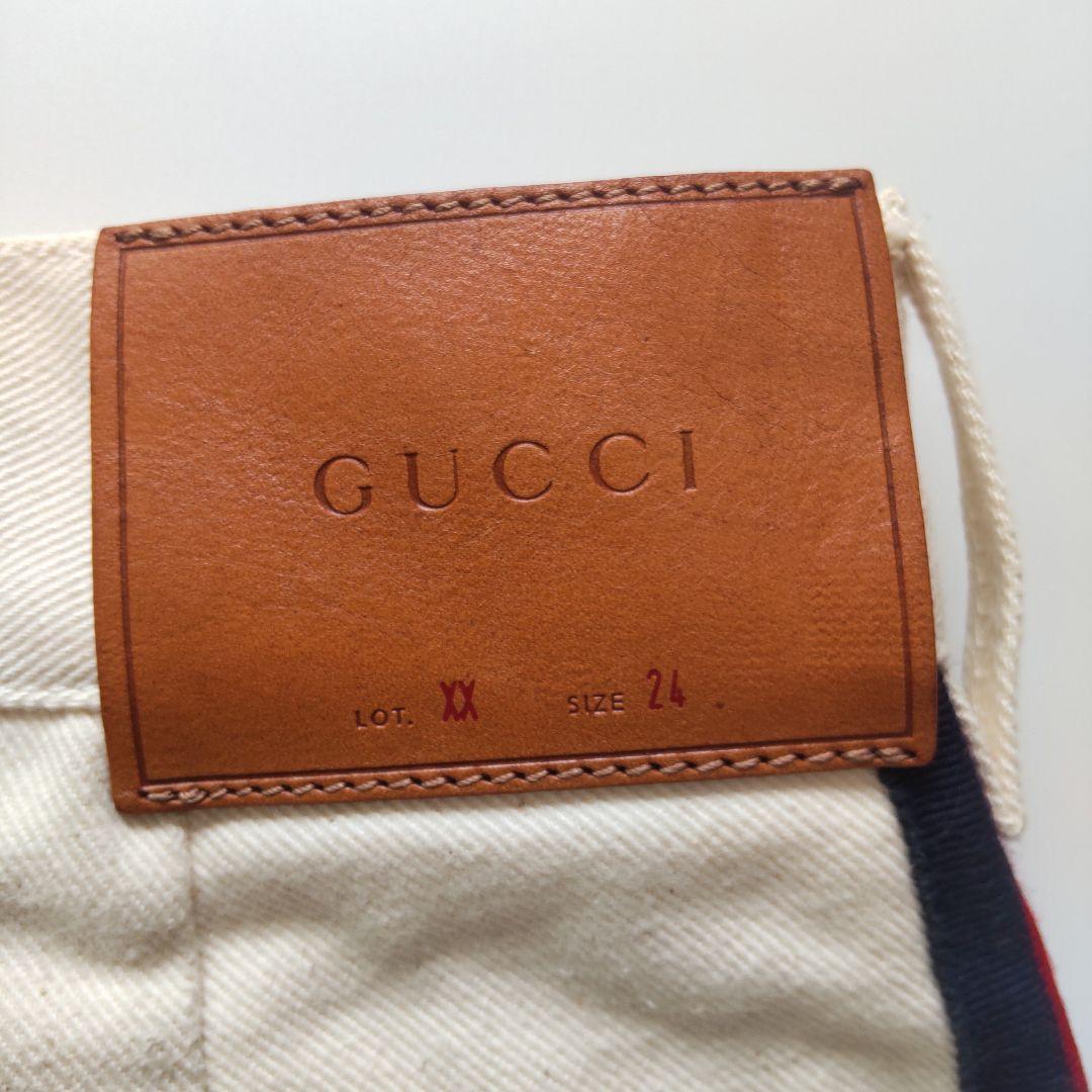 美品 グッチ ホワイトデニム ショートパンツ シェリーライン レザーパッチ 24