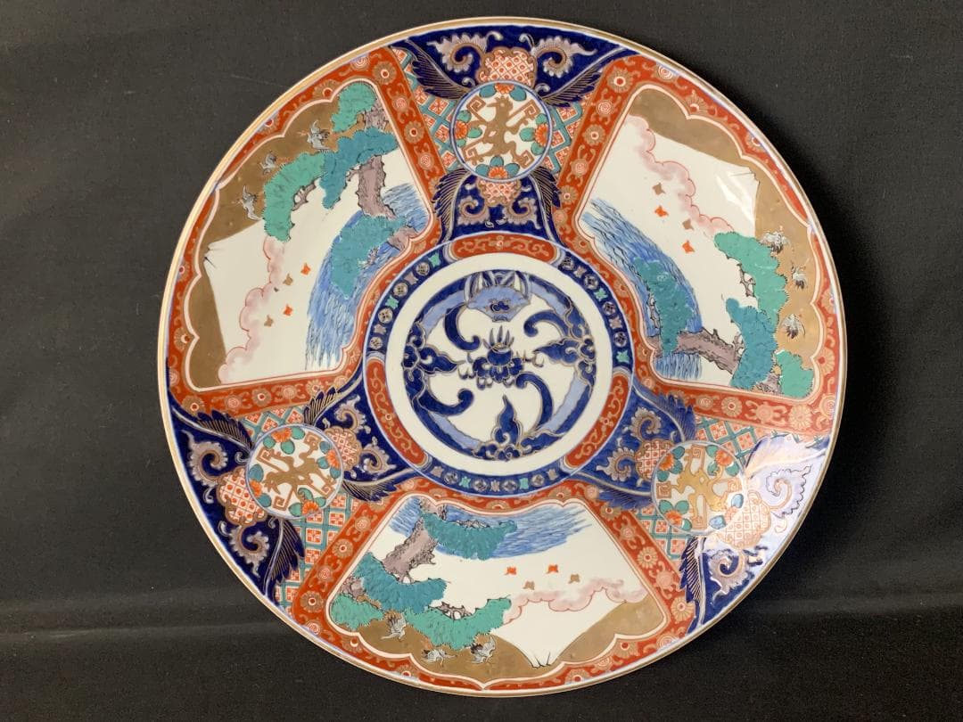 古伊万里 元禄伊万里 染錦 窓絵 富士に千鳥鶴松図 妖怪文 大飾皿 江戸中期