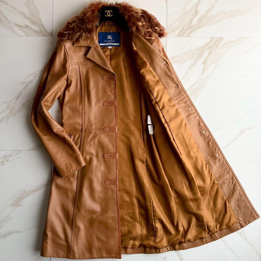 希少◆バーバリーブルーレーベル リアルファー 羊革 レザー コート キャメル M