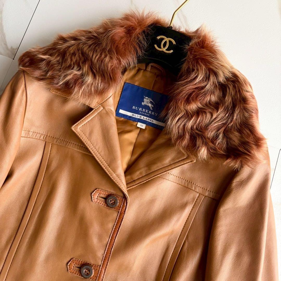 希少◆バーバリーブルーレーベル リアルファー 羊革 レザー コート キャメル M