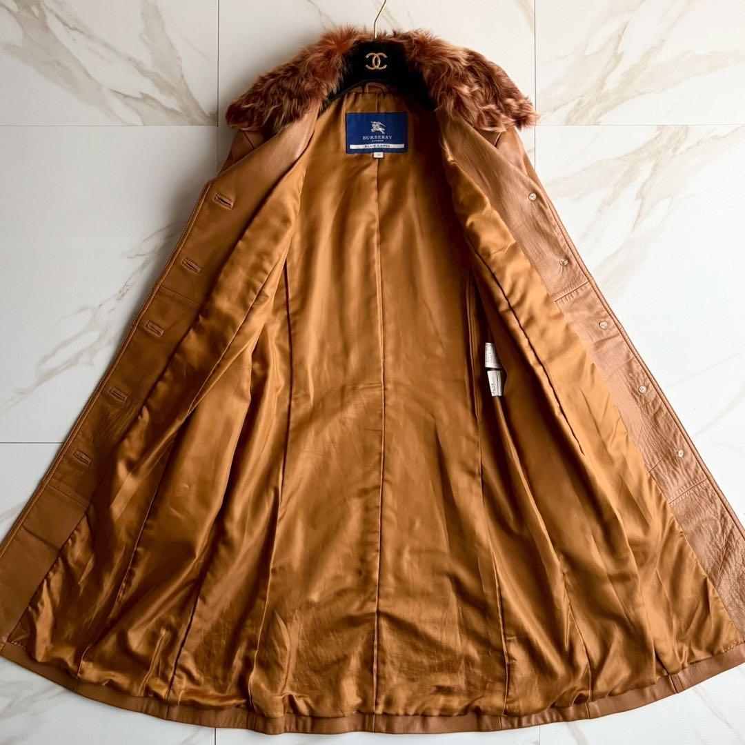 希少◆バーバリーブルーレーベル リアルファー 羊革 レザー コート キャメル M