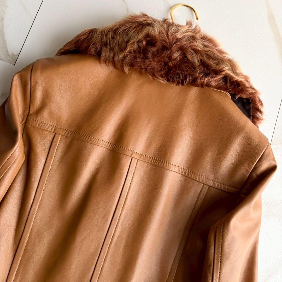 希少◆バーバリーブルーレーベル リアルファー 羊革 レザー コート キャメル M