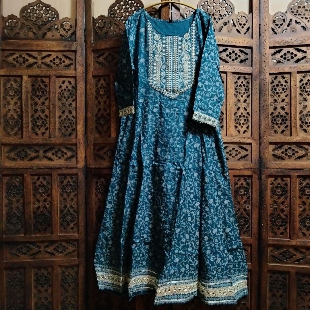 ◎専用◎インド アナルカリクルタ ティールブルー×シルバー刺繍【63A-4】