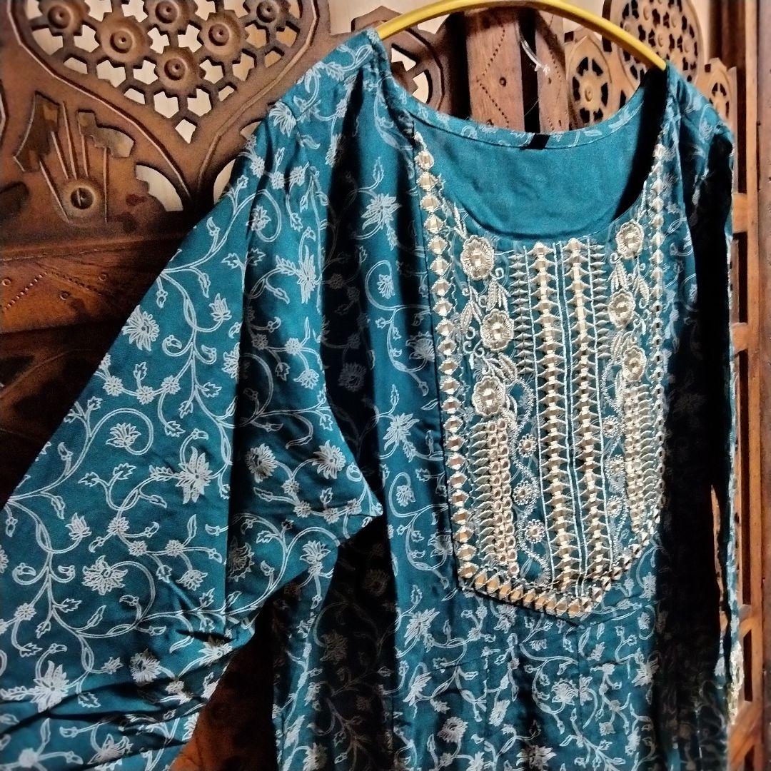◎専用◎インド アナルカリクルタ ティールブルー×シルバー刺繍【63A-4】