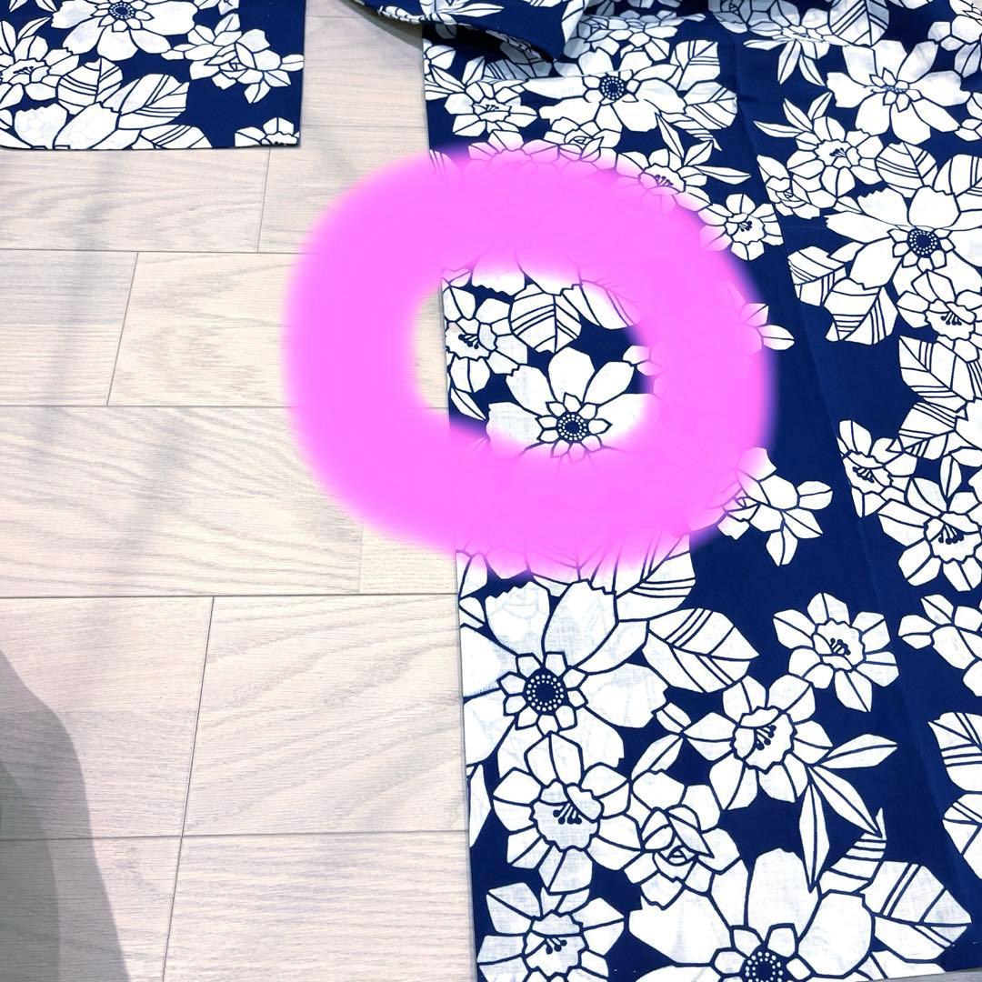 浴衣 紺色 注染 椿　菊　レトロ　アンティーク