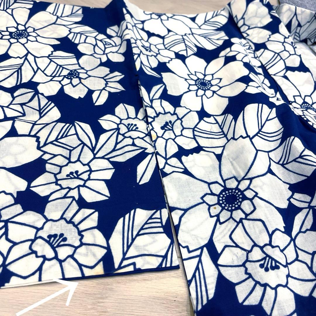 浴衣 紺色 注染 椿　菊　レトロ　アンティーク