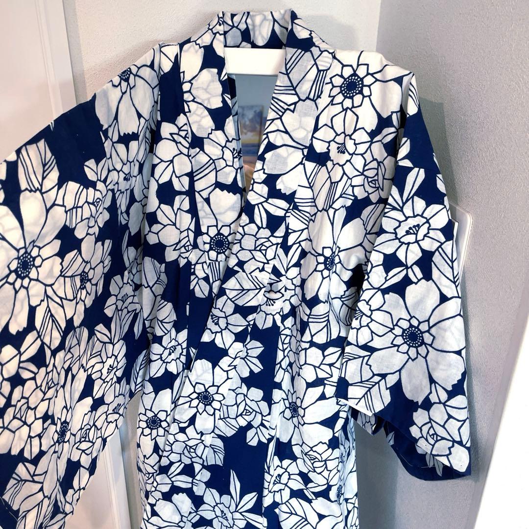 浴衣 紺色 注染 椿　菊　レトロ　アンティーク