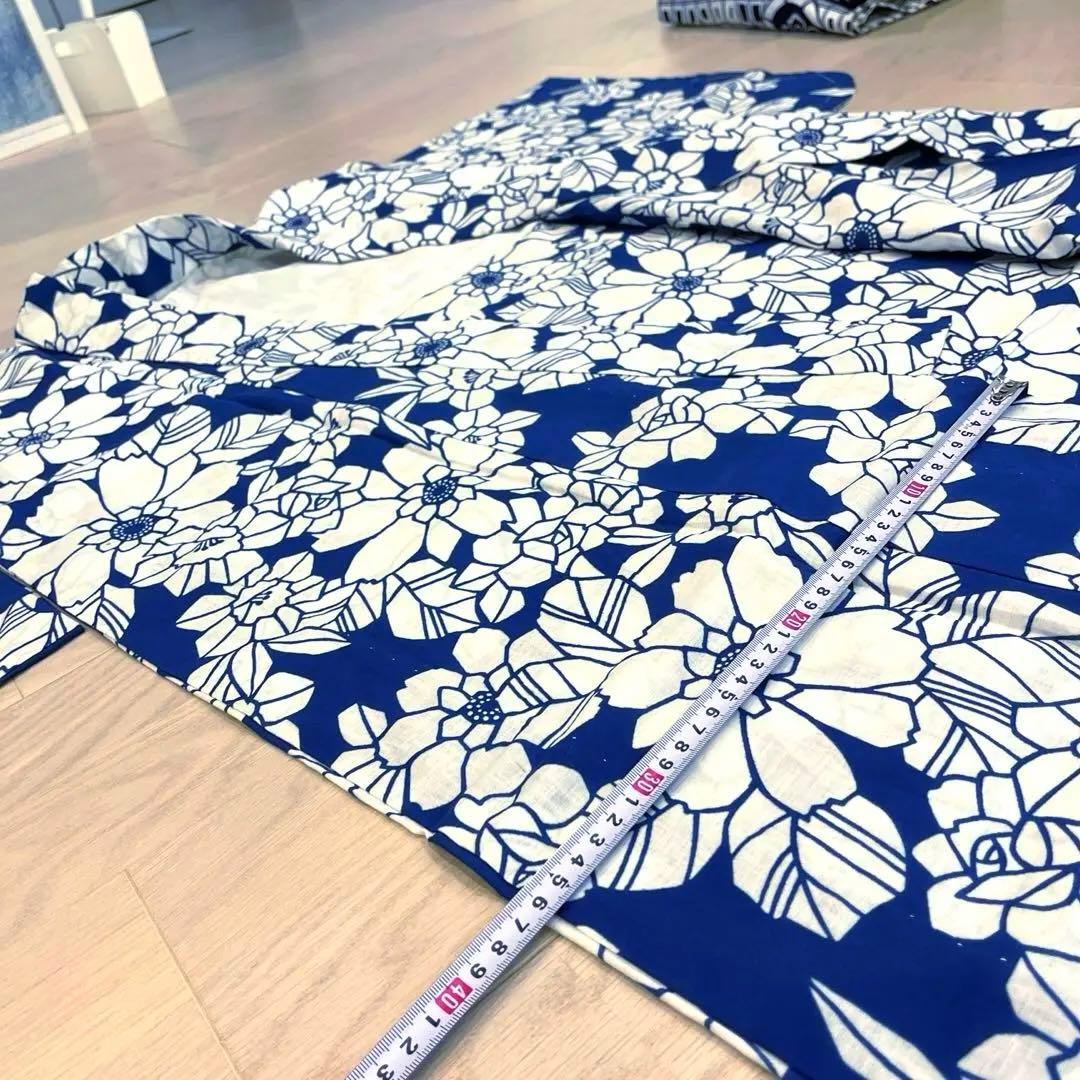 浴衣 紺色 注染 椿　菊　レトロ　アンティーク