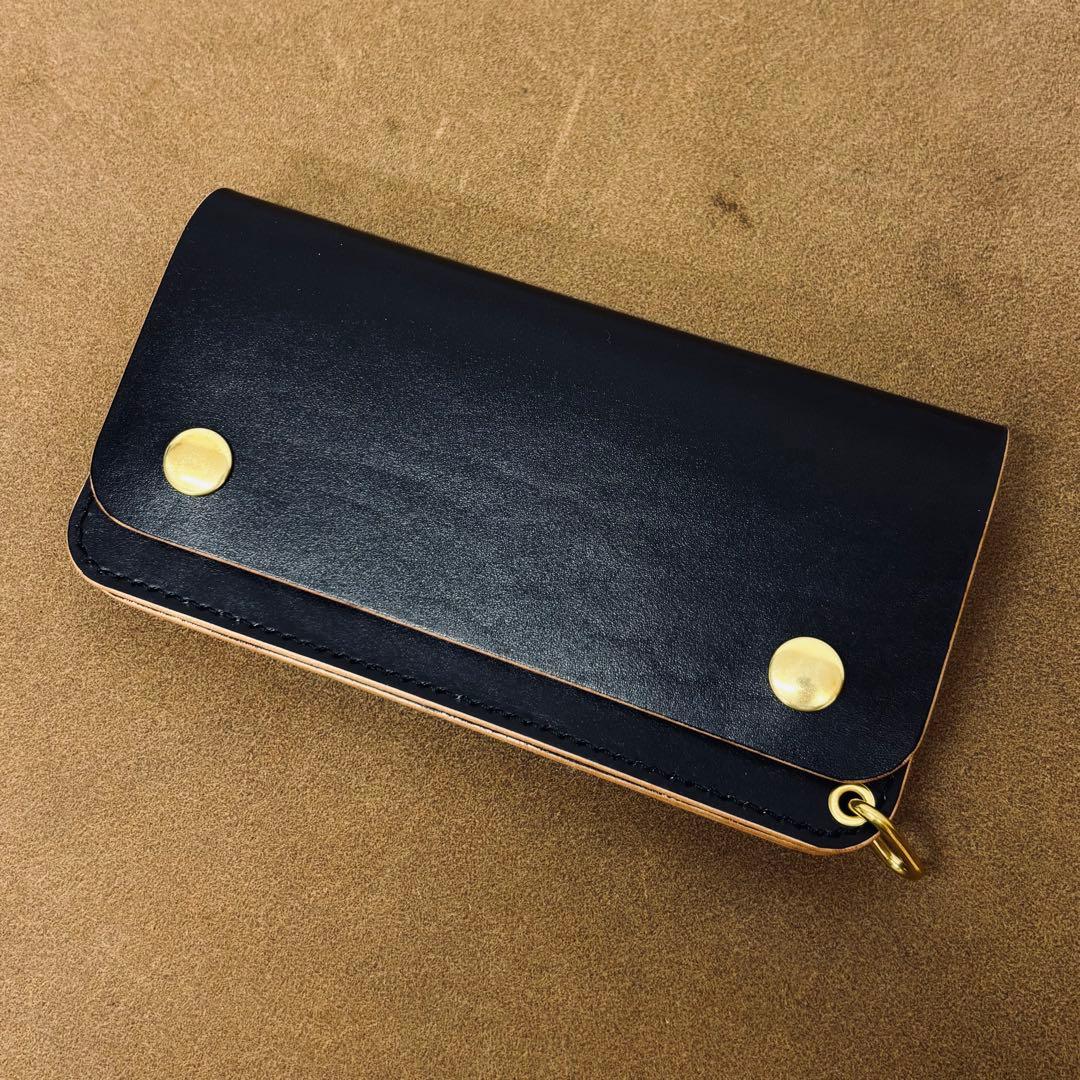 【鳴島】ホースハイド　トラッカーウォレット　黒　茶心　3層　alps