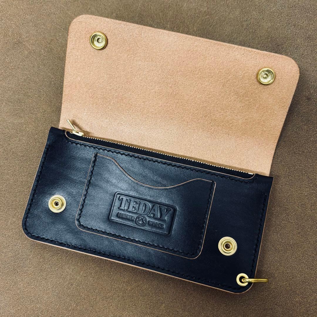 【鳴島】ホースハイド　トラッカーウォレット　黒　茶心　3層　alps