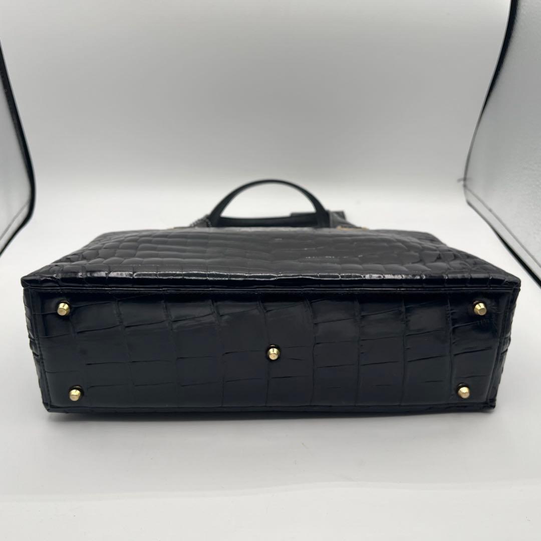 美品◎JRA認定 シャイニングクロコ ハンドバッグ センター取り 黒 明日香