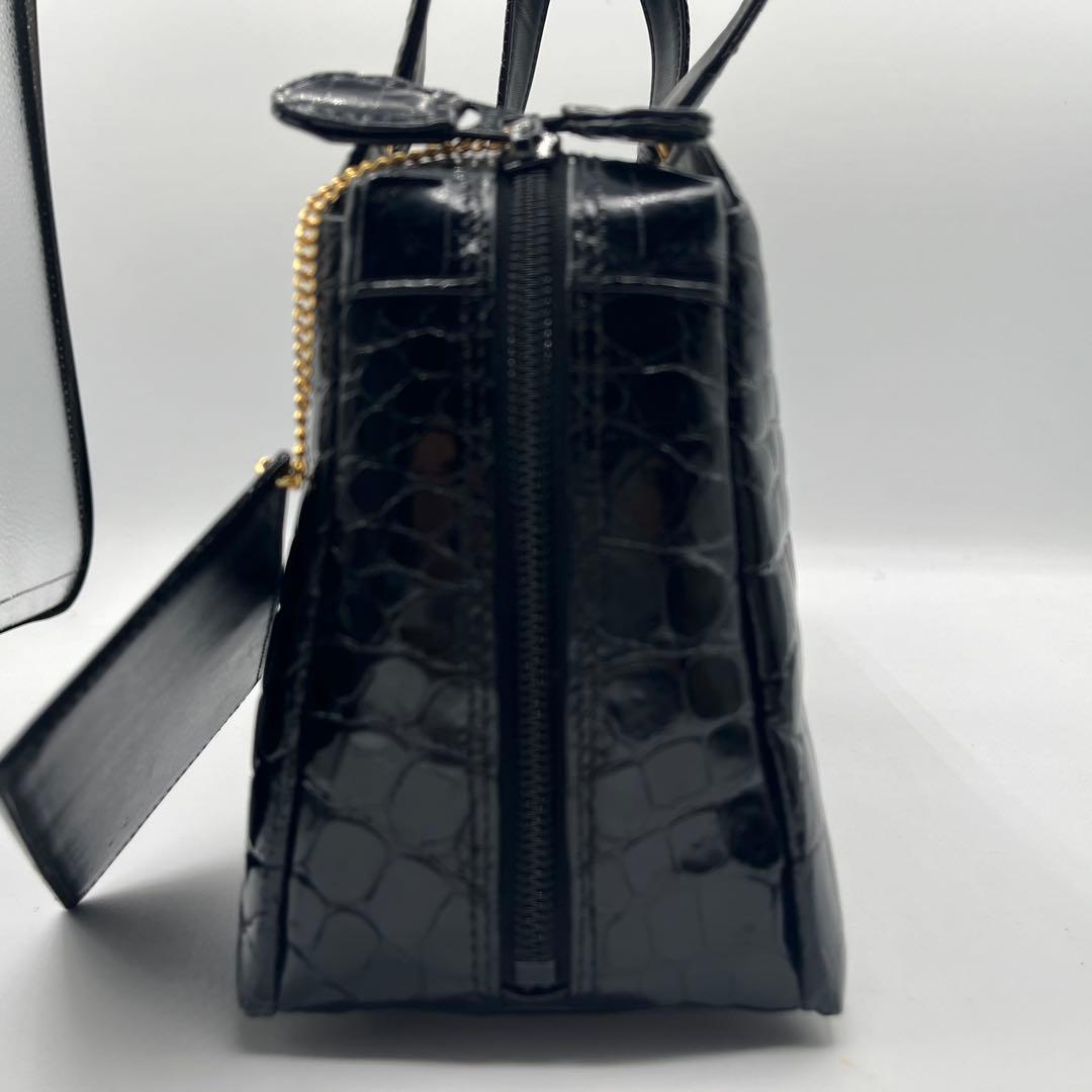 美品◎JRA認定 シャイニングクロコ ハンドバッグ センター取り 黒 明日香