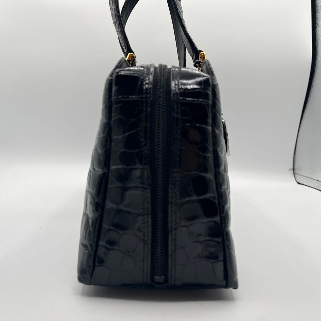 美品◎JRA認定 シャイニングクロコ ハンドバッグ センター取り 黒 明日香