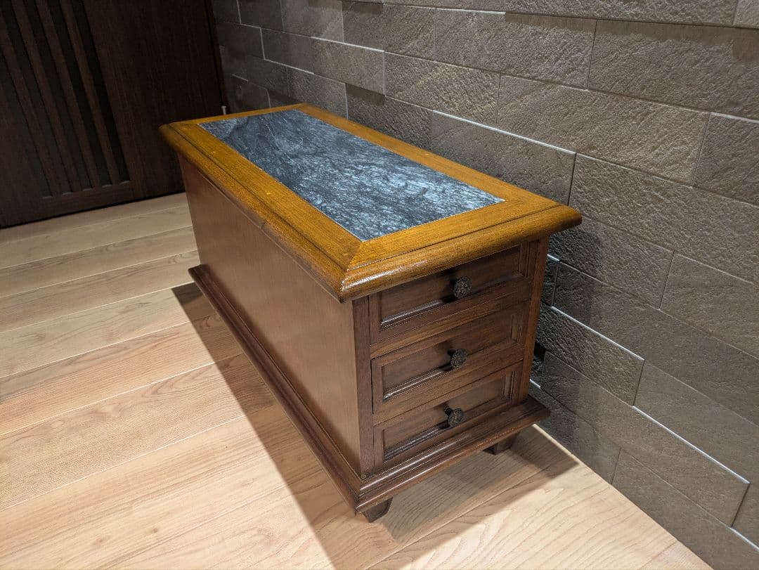 アンティーク ローチェスト 天然木 大理石トップ 3段チェスト サイドテーブル