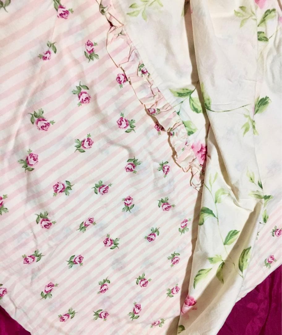 ローラアシュレイ■フローラルストライプチョークピンク花柄シングル掛け布団カバー