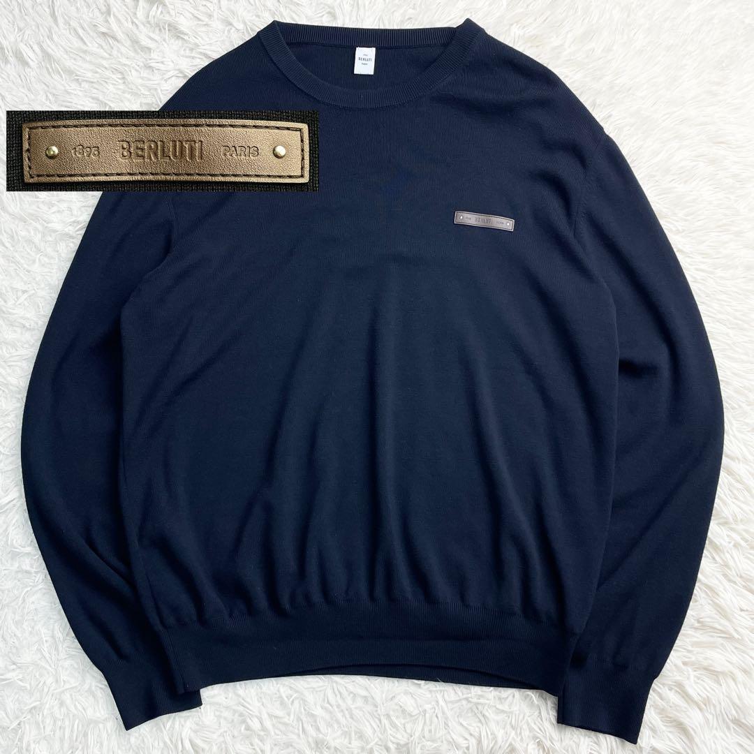 美品 希少 XLサイズ Berluti レザー ロゴパッチ ニット ネイビー