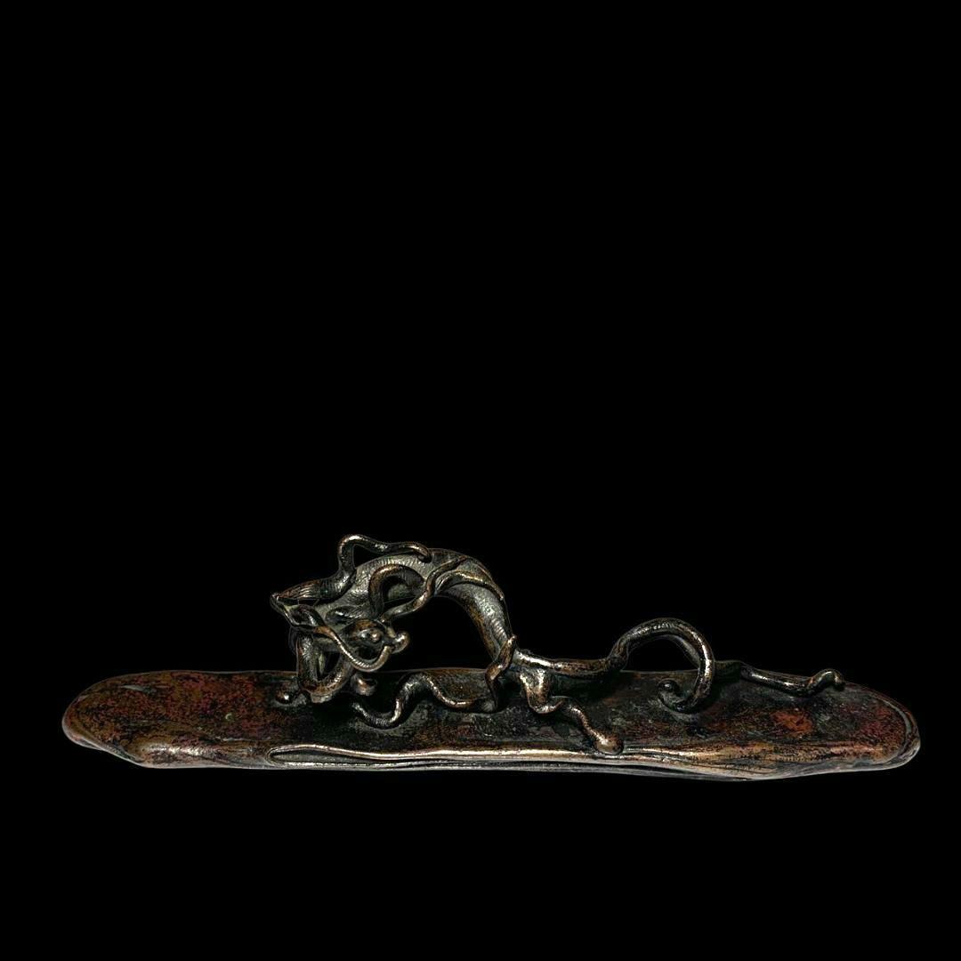 本間琢斎 斑紫銅製 文鎮 龍紐文鎮書鎮 筆架 書道具 金属工芸 骨董 共箱