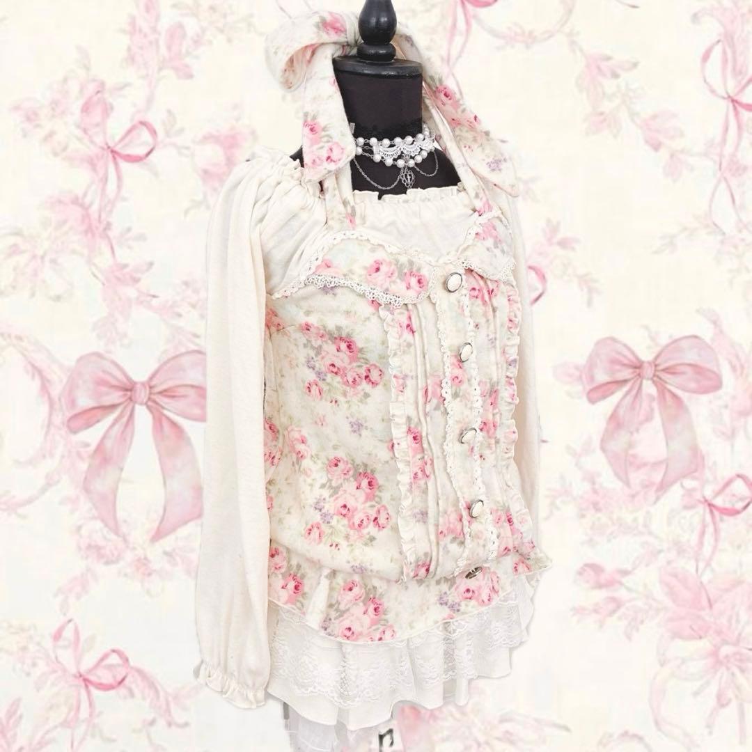 y2k LIZ LISA オフショル 花柄 ホルターネック 起毛　姫カジ　フリル