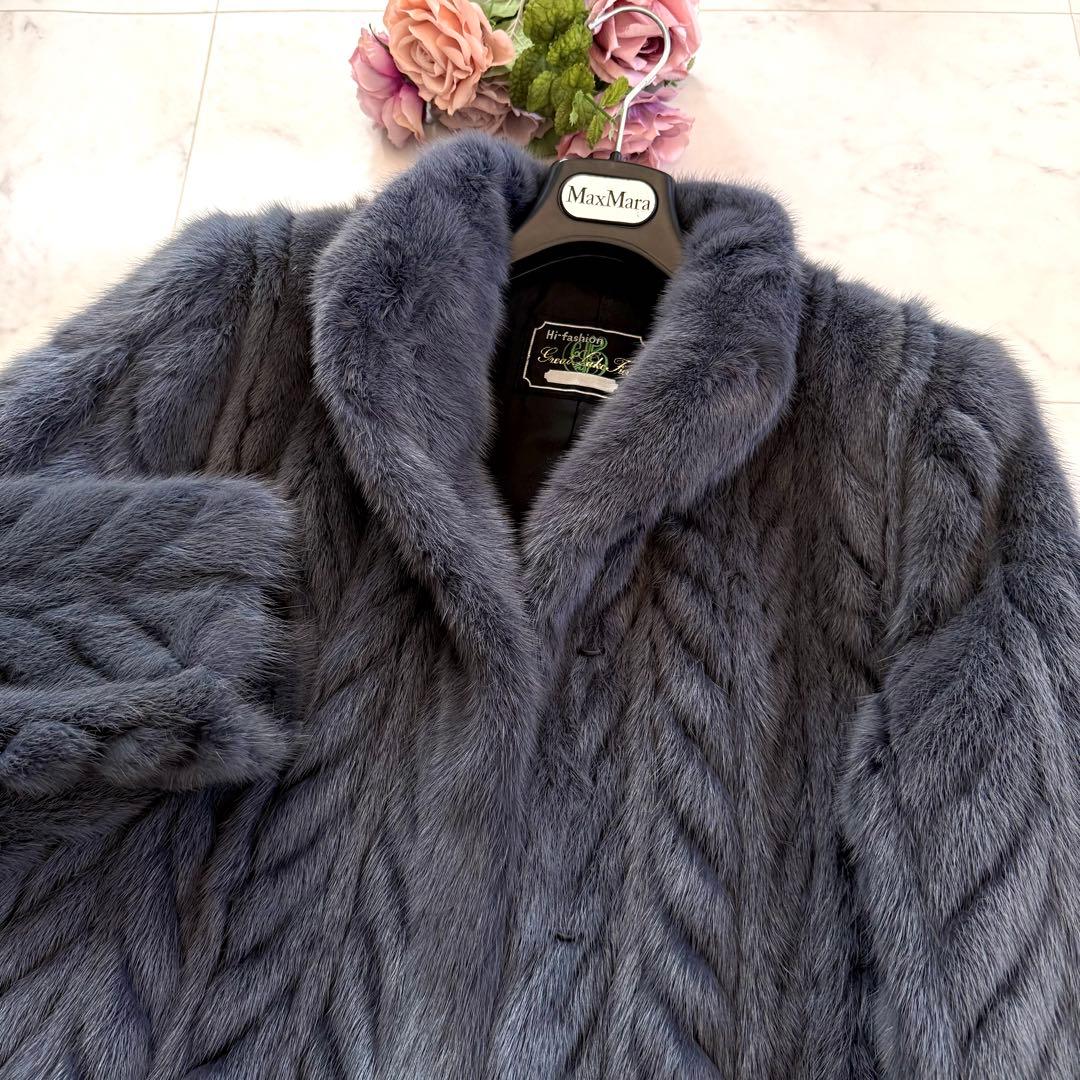 着丈82 くすみブルー 染めミンク ファーコート シェブロン模様 毛皮 軽量