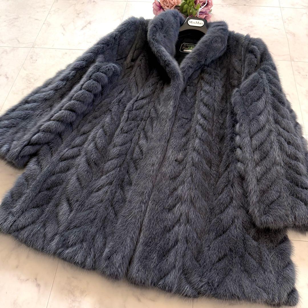 着丈82 くすみブルー 染めミンク ファーコート シェブロン模様 毛皮 軽量