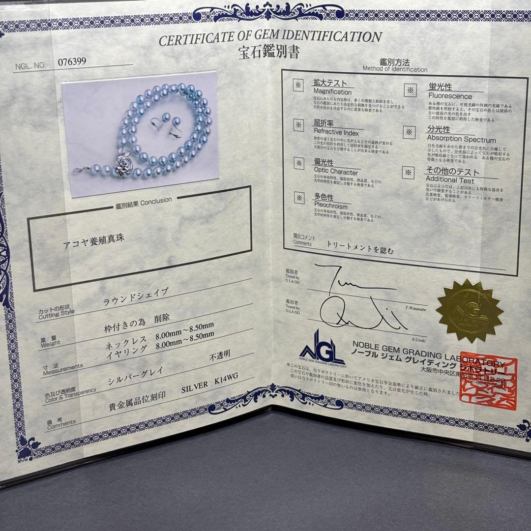【テリ強 ✨鑑別書付き】あこや真珠　ブルーグレー　約8.0-8.5mm 本真珠