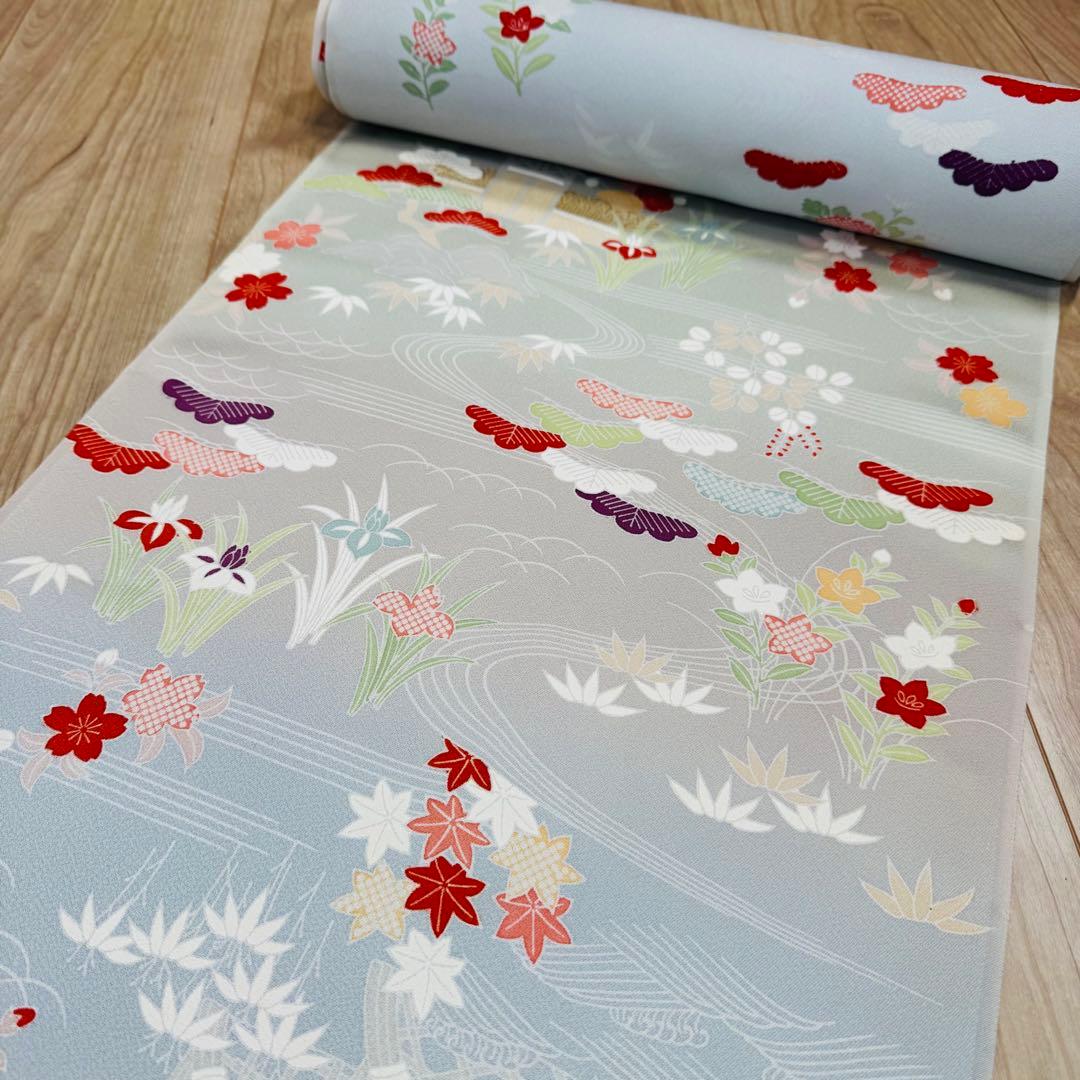 未使用　正絹　反物　着物　和装　小紋　丹後縮緬　ちりめん　グレー　灰色　紳裳園