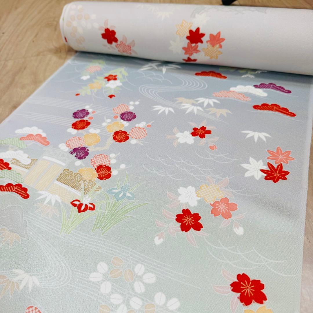 未使用　正絹　反物　着物　和装　小紋　丹後縮緬　ちりめん　グレー　灰色　紳裳園