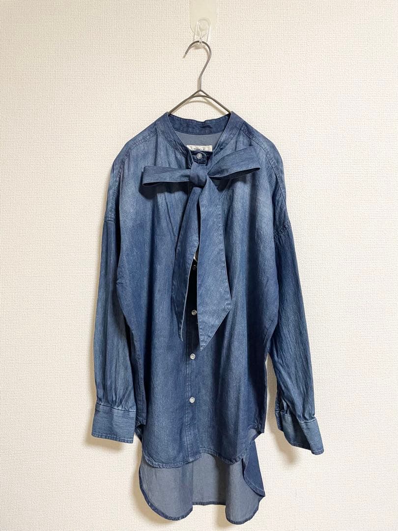 【新品】モニーレ ボウタイ リボン デニムシャツ 濃いブルー ダンガリーシャツ
